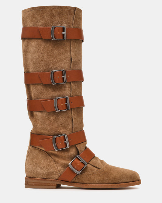 Steve Madden INDIO Tan Suede Buckle Strap Knee-High Round-Toe Women's Boot