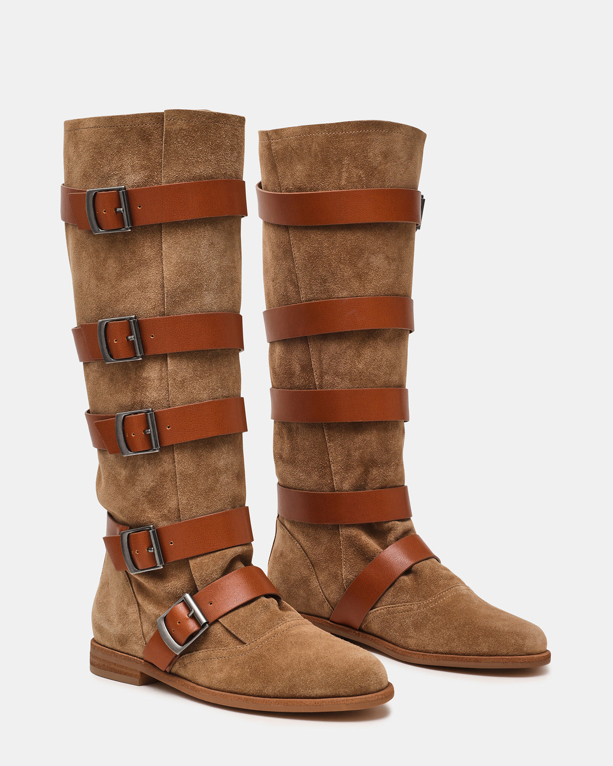 Steve Madden INDIO Tan Suede Buckle Strap Knee-High Round-Toe Women's Boot