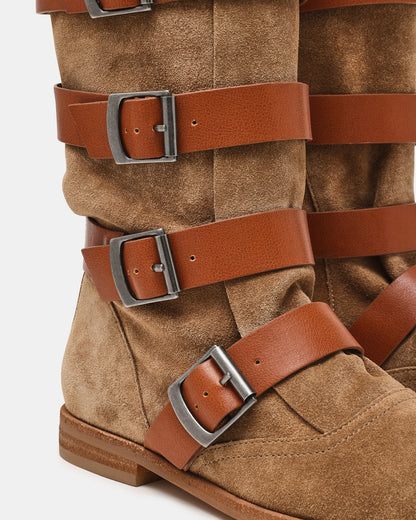 Steve Madden INDIO Tan Suede Buckle Strap Knee-High Round-Toe Women's Boot