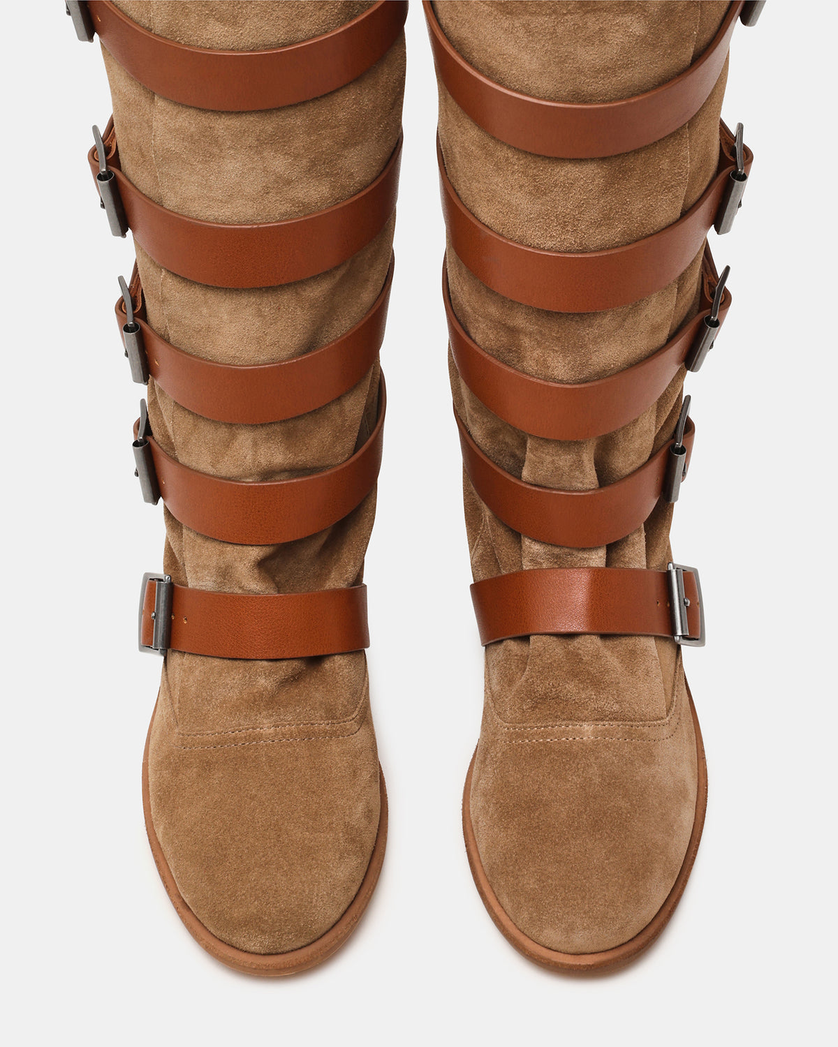 Steve Madden INDIO Tan Suede Buckle Strap Knee-High Round-Toe Women's Boot