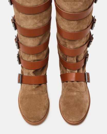 Steve Madden INDIO Tan Suede Buckle Strap Knee-High Round-Toe Women's Boot