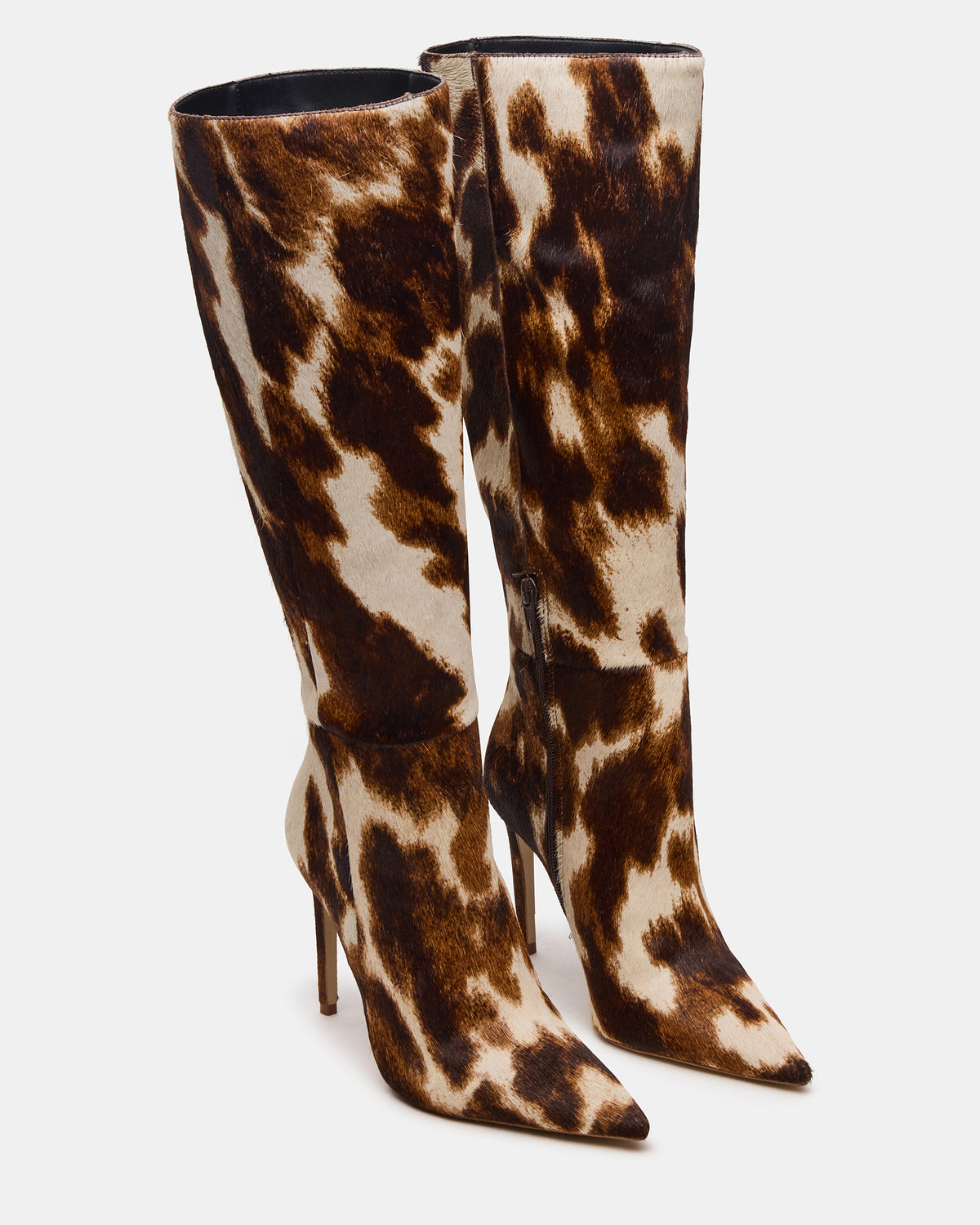 Steve Madden NITRO Brown Cow Print Wide Calf Pointed-Toe Stiletto Heel Knee-High Women's Boots