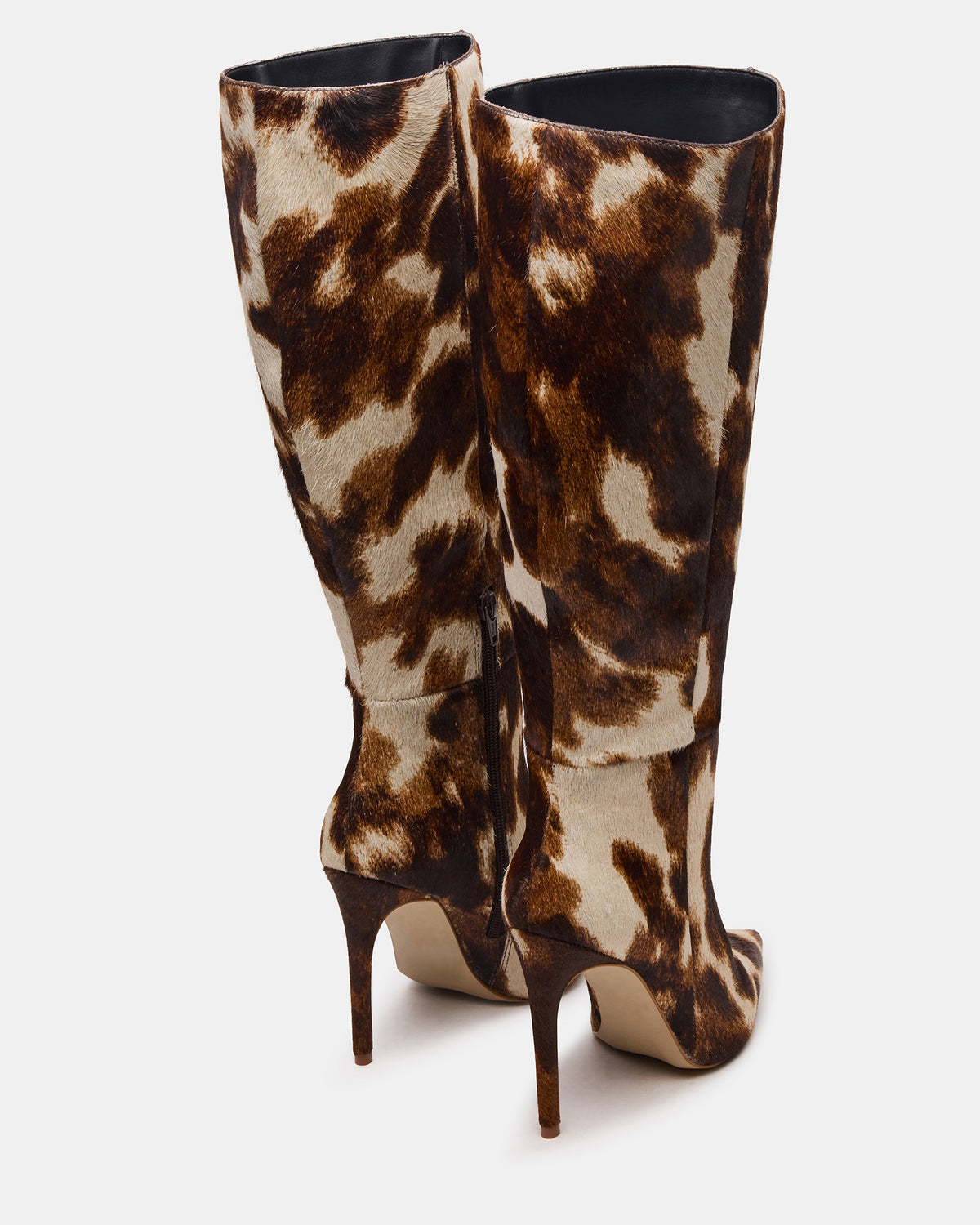 Steve Madden NITRO Brown Cow Print Wide Calf Pointed-Toe Stiletto Heel Knee-High Women's Boots
