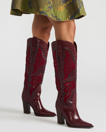 Steve Madden KAZ Burgundy Pointed-Toe Knee-High Block Heel Western Women's Boot