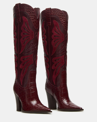 Steve Madden KAZ Burgundy Pointed-Toe Knee-High Block Heel Western Women's Boot