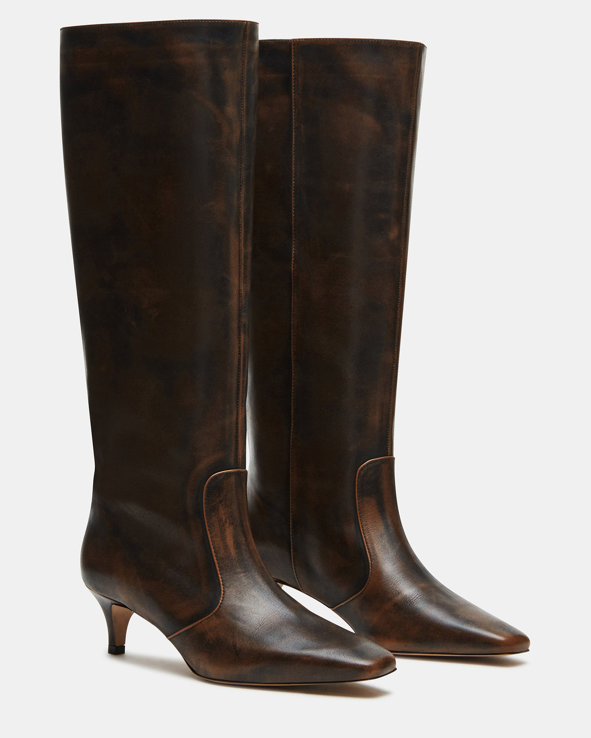 Steve Madden LANDER Brown Distressed Knee-High Kitten Heel Women's Boot