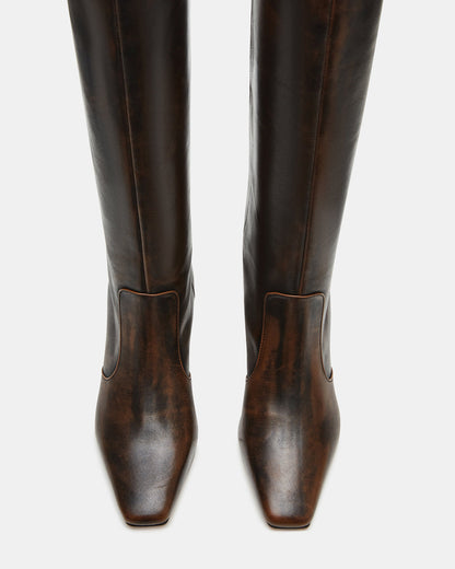 Steve Madden LANDER Brown Distressed Knee-High Kitten Heel Women's Boot