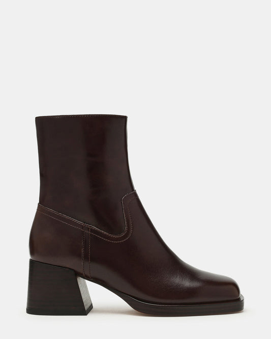 Steve Madden LATCHES Brown Leather Square-Toe Block Heel Women's Ankle Boot