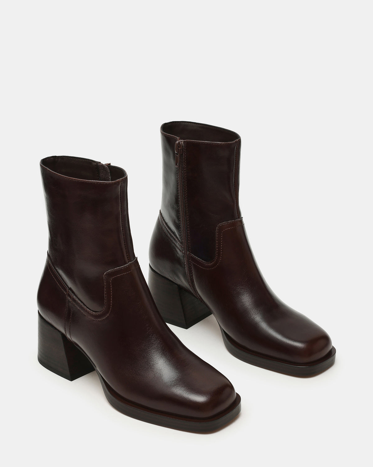 Steve Madden LATCHES Brown Leather Square-Toe Block Heel Women's Ankle Boot