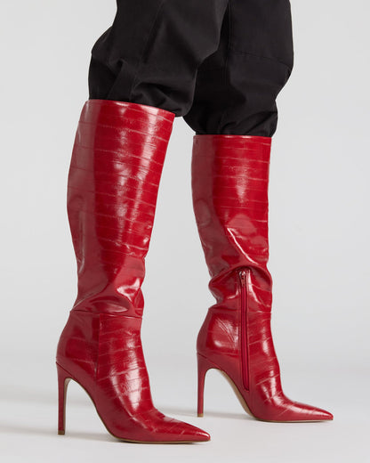Steve Madden NITRO Red Eel Pointed-Toe Stiletto Heel Knee-High Women's Boots