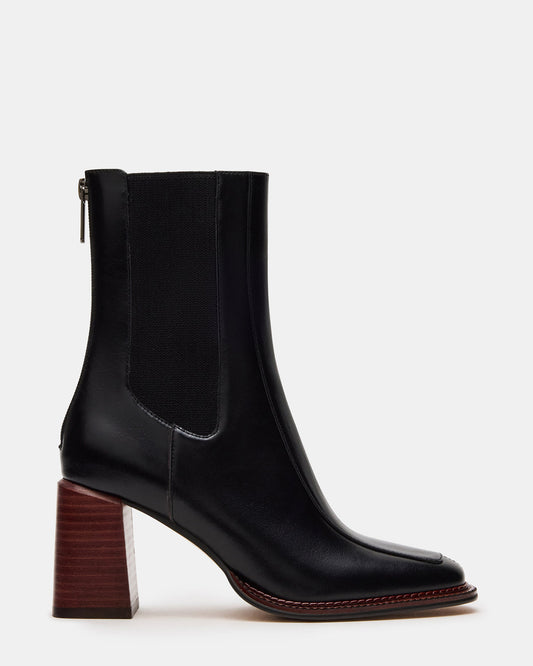 Steve Madden DOWNTOWN Black Leather Chelsea Block Heel Ankle Boot | Women's Booties