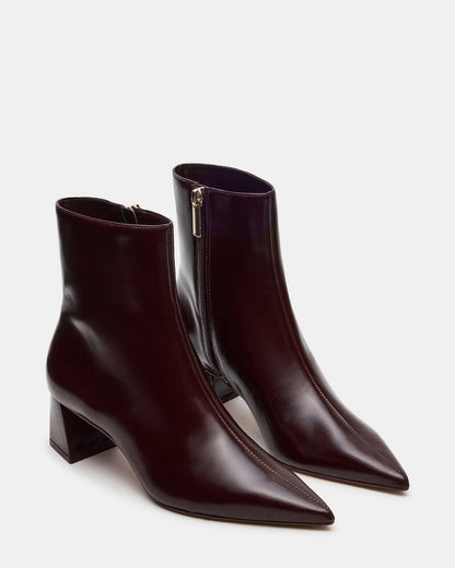 Steve Madden ASHLI Wine Leather Pointed-Toe Block Heel Women's Ankle Boot