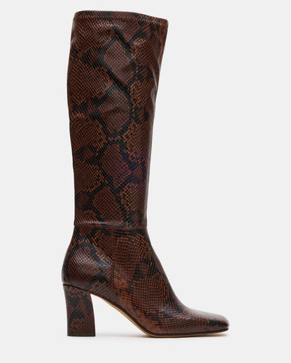 Steve Madden ELLIOT Brown Snake Square-Toe Knee-High Block Heel Women's Boot