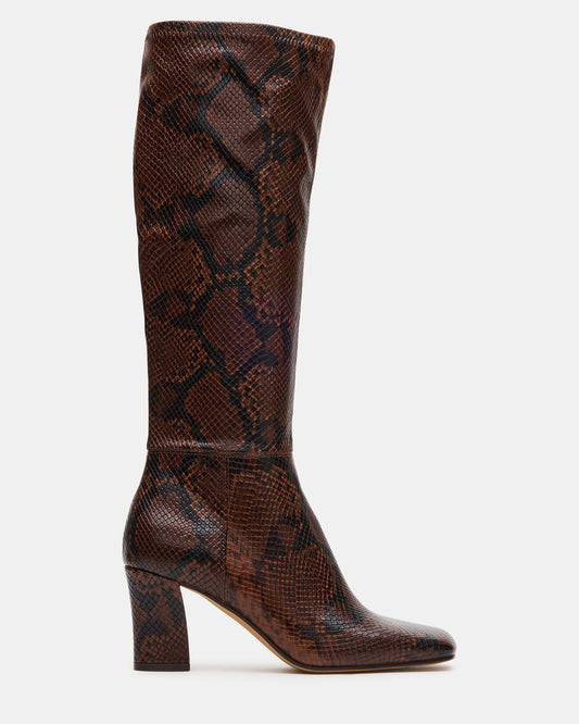 Steve Madden ELLIOT Brown Snake Square-Toe Knee-High Block Heel Women's Boot