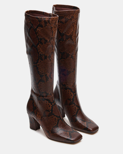 Steve Madden ELLIOT Brown Snake Square-Toe Knee-High Block Heel Women's Boot