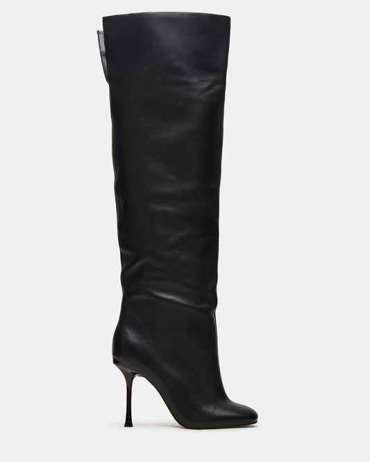 Steve Madden ALLURING Black Leather Over-The-Knee Square-Toe Heeled Women's Boot