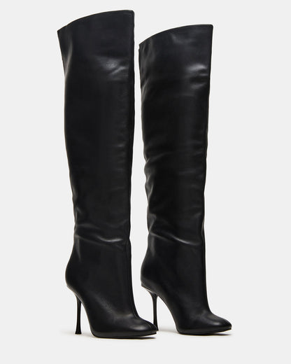 Steve Madden ALLURING Black Leather Over-The-Knee Square-Toe Heeled Women's Boot