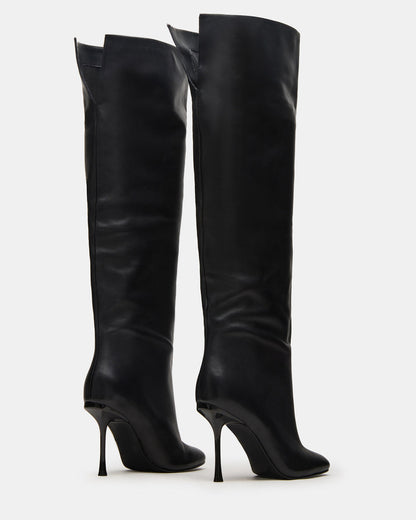 Steve Madden ALLURING Black Leather Over-The-Knee Square-Toe Heeled Women's Boot