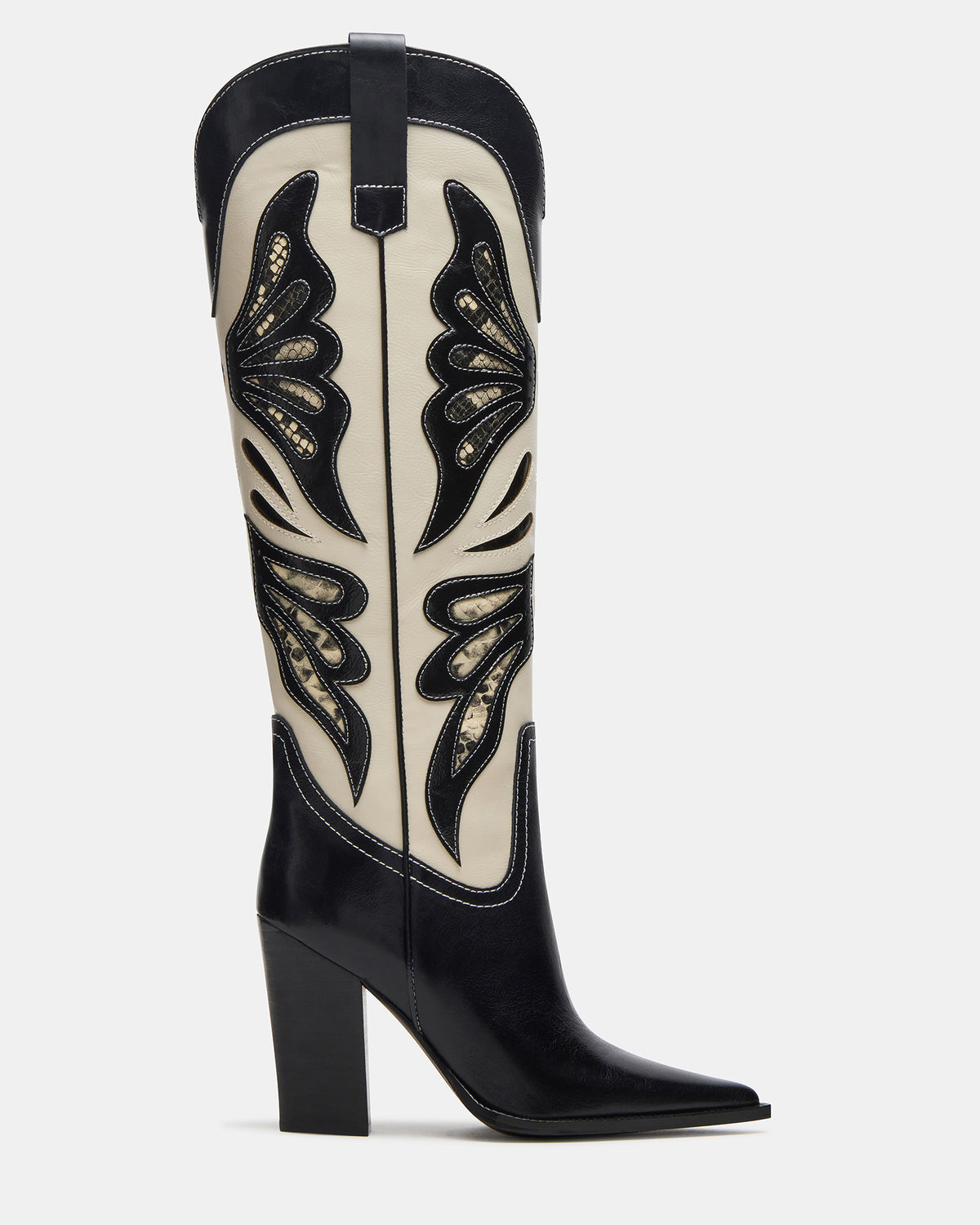 Steve Madden KAZ Black/White Pointed-Toe Knee-High Block Heel Western Women's Boot