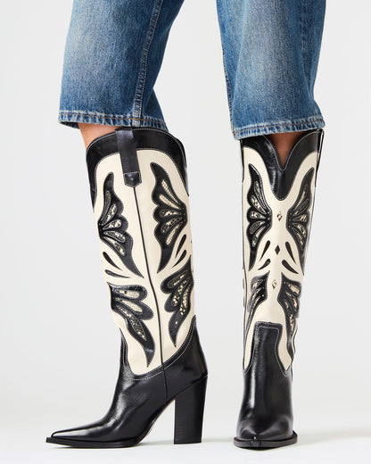 Steve Madden KAZ Black/White Pointed-Toe Knee-High Block Heel Western Women's Boot