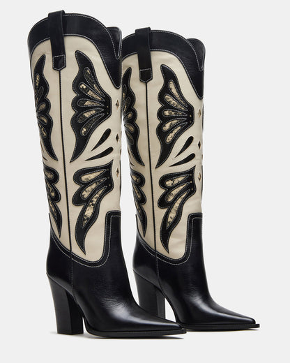 Steve Madden KAZ Black/White Pointed-Toe Knee-High Block Heel Western Women's Boot