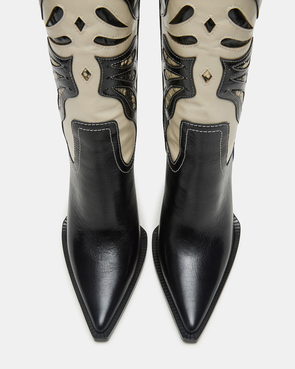 Steve Madden KAZ Black/White Pointed-Toe Knee-High Block Heel Western Women's Boot