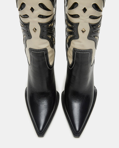 Steve Madden KAZ Black/White Pointed-Toe Knee-High Block Heel Western Women's Boot