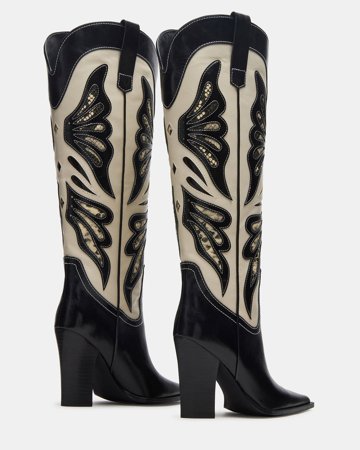Steve Madden KAZ Black/White Pointed-Toe Knee-High Block Heel Western Women's Boot