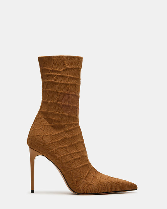 Steve Madden MIDNITE Tan Crocodile Pointed-Toe Stiletto Heel Sock Women's Ankle Boot
