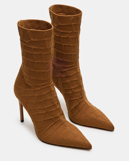 Steve Madden MIDNITE Tan Crocodile Pointed-Toe Stiletto Heel Sock Women's Ankle Boot
