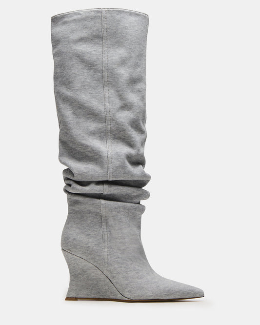 Steve Madden DISTORTION Grey Fabric Pointed-Toe Scrunched Knee-High Wedge Women's Boot
