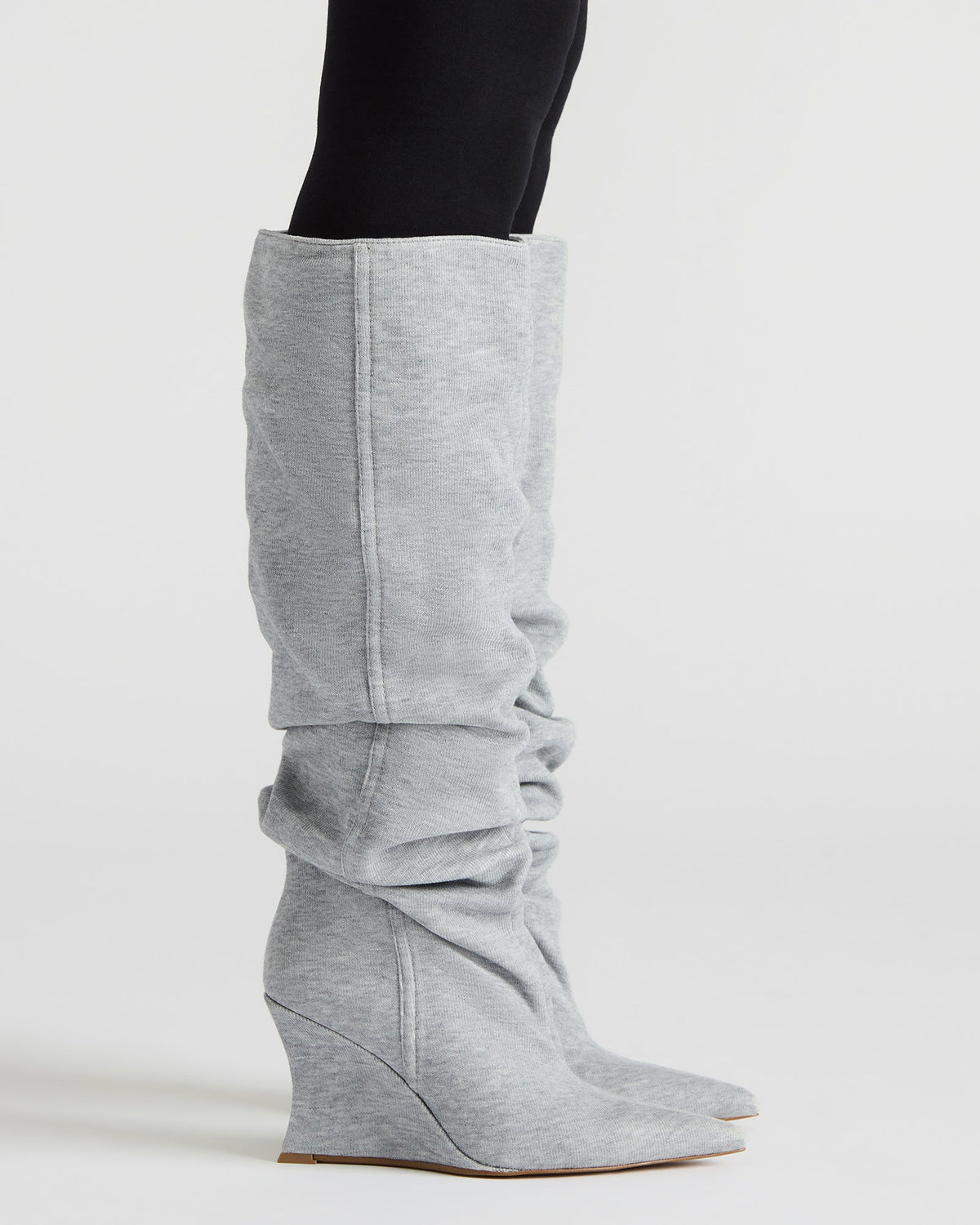 Steve Madden DISTORTION Grey Fabric Pointed-Toe Scrunched Knee-High Wedge Women's Boot