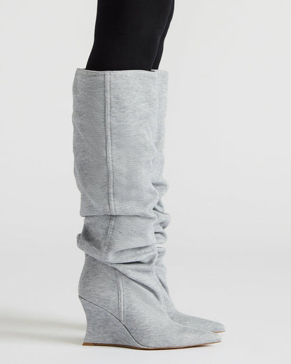 Steve Madden DISTORTION Grey Fabric Pointed-Toe Scrunched Knee-High Wedge Women's Boot