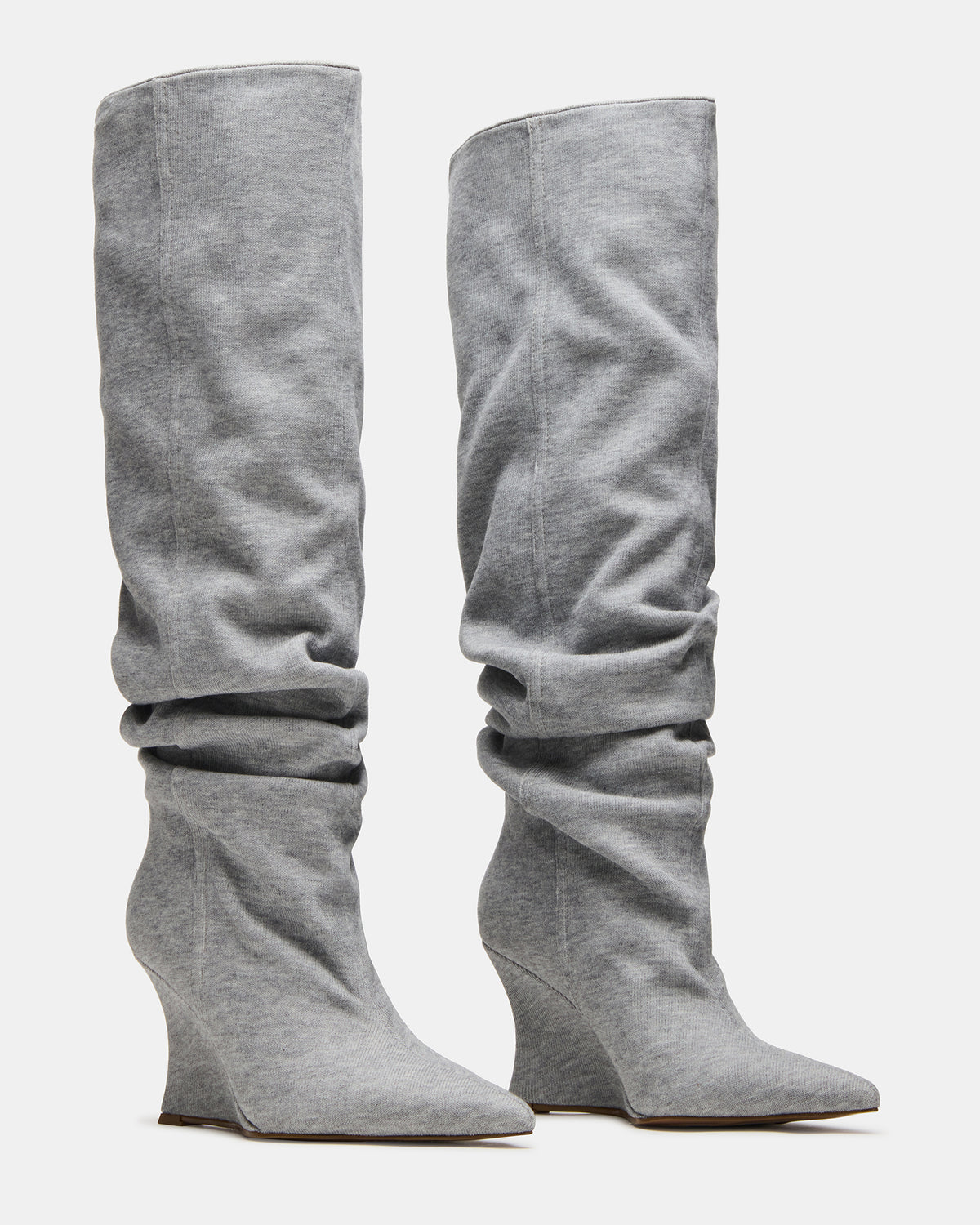 Steve Madden DISTORTION Grey Fabric Pointed-Toe Scrunched Knee-High Wedge Women's Boot