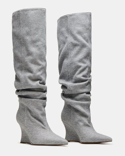 Steve Madden DISTORTION Grey Fabric Pointed-Toe Scrunched Knee-High Wedge Women's Boot