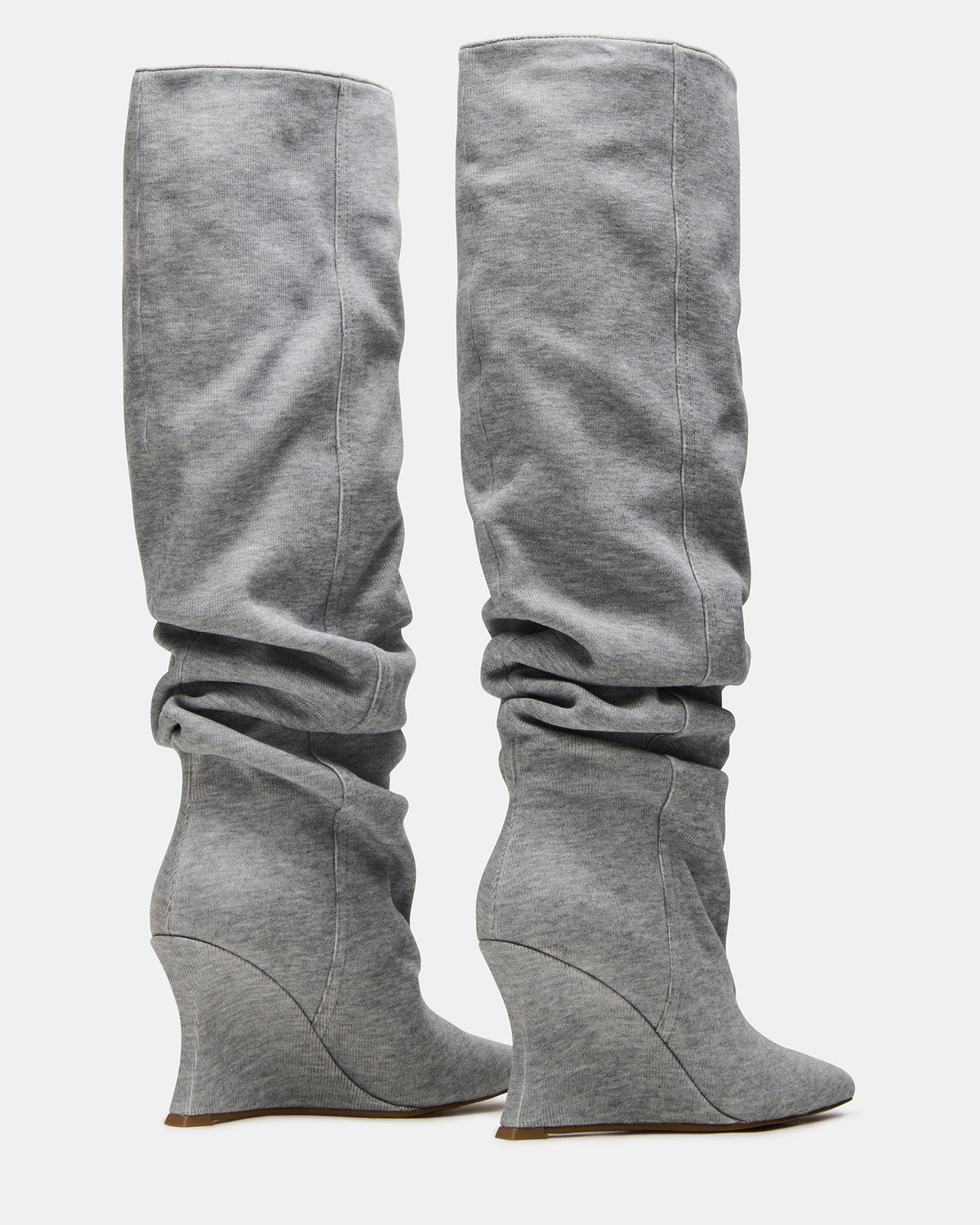 Steve Madden DISTORTION Grey Fabric Pointed-Toe Scrunched Knee-High Wedge Women's Boot