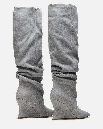 Steve Madden DISTORTION Grey Fabric Pointed-Toe Scrunched Knee-High Wedge Women's Boot