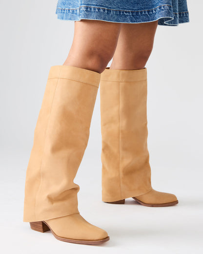 Steve Madden WINNICK Banana Leather Knee-High Cuffed Fold-Over Block Heel Women's Boot