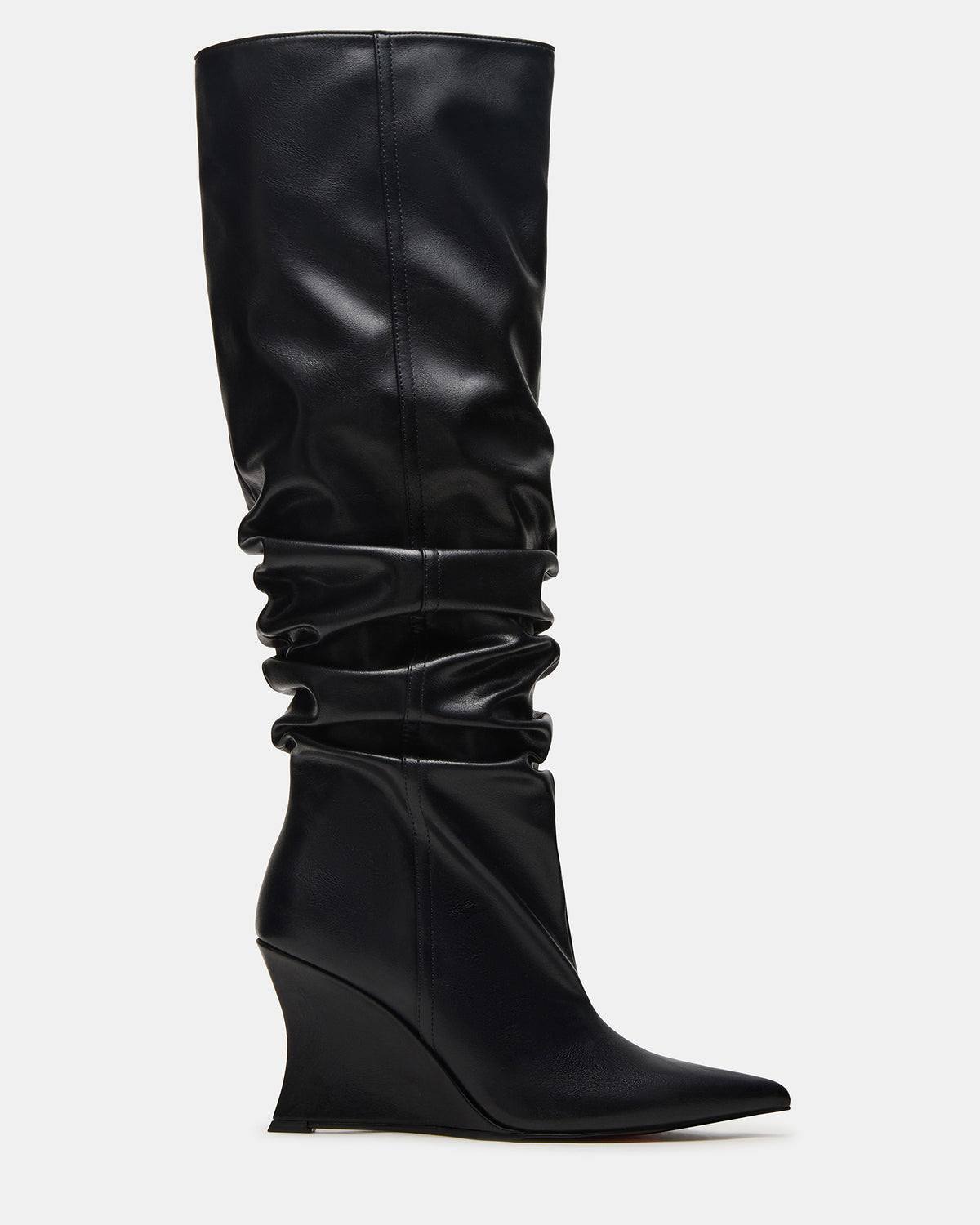 Steve Madden DISTORTION Black Pointed-Toe Scrunched Knee-High Wedge Women's Boot