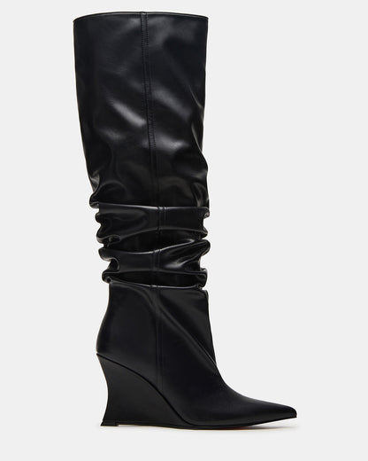 Steve Madden DISTORTION Black Pointed-Toe Scrunched Knee-High Wedge Women's Boot