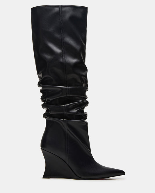 Steve Madden DISTORTION Black Pointed-Toe Scrunched Knee-High Wedge Women's Boot