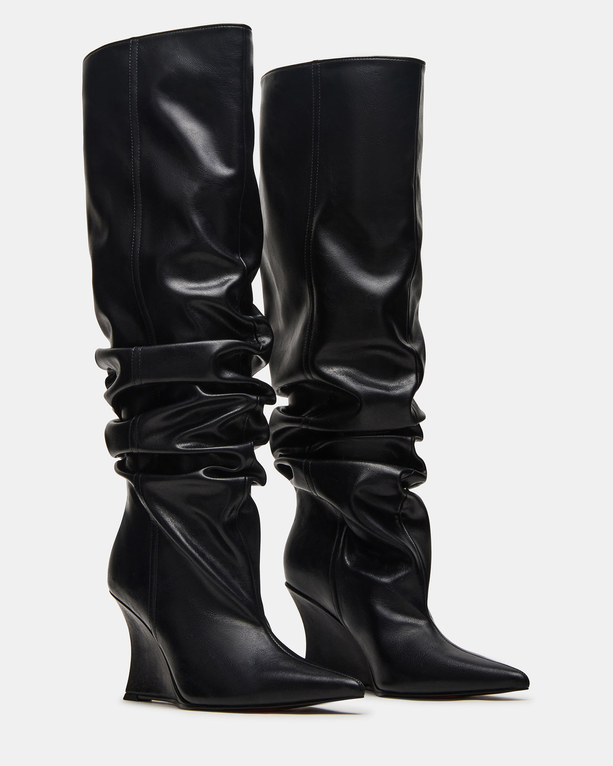 Steve Madden DISTORTION Black Pointed-Toe Scrunched Knee-High Wedge Women's Boot