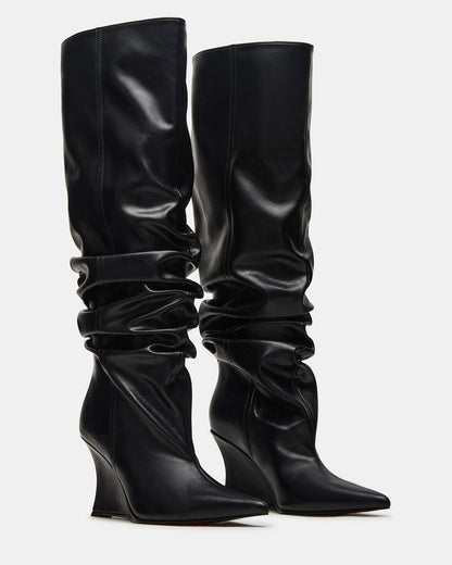 Steve Madden DISTORTION Black Pointed-Toe Scrunched Knee-High Wedge Women's Boot