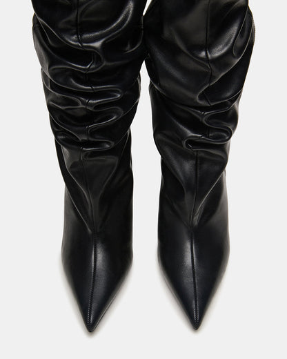 Steve Madden DISTORTION Black Pointed-Toe Scrunched Knee-High Wedge Women's Boot