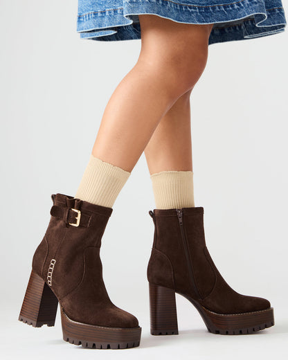 Steve Madden SUMMIT Dark Brown Suede Platform Lug Block Heel Women's Ankle Boot