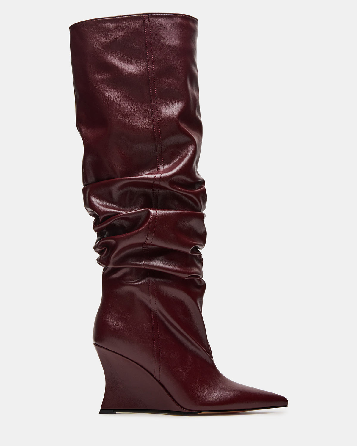 Steve Madden DISTORTION Burgundy Pointed-Toe Scrunched Knee-High Wedge Women's Boot