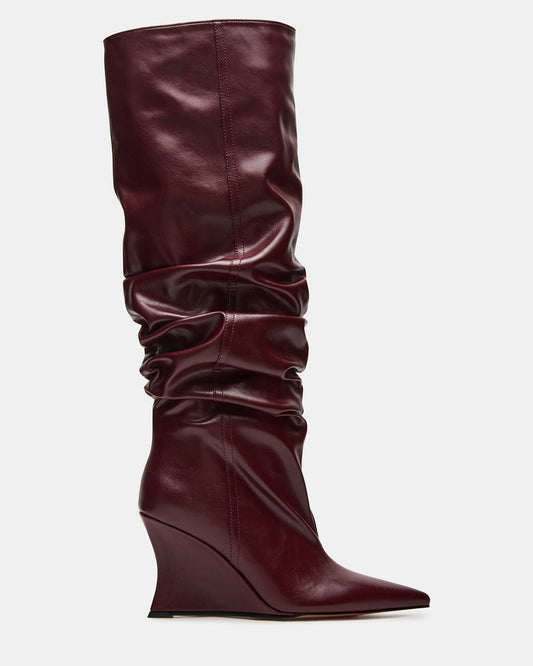 Steve Madden DISTORTION Burgundy Pointed-Toe Scrunched Knee-High Wedge Women's Boot