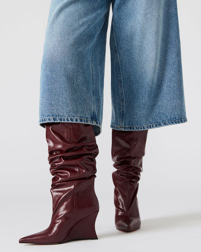 Steve Madden DISTORTION Burgundy Pointed-Toe Scrunched Knee-High Wedge Women's Boot