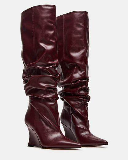 Steve Madden DISTORTION Burgundy Pointed-Toe Scrunched Knee-High Wedge Women's Boot