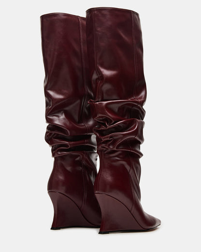 Steve Madden DISTORTION Burgundy Pointed-Toe Scrunched Knee-High Wedge Women's Boot